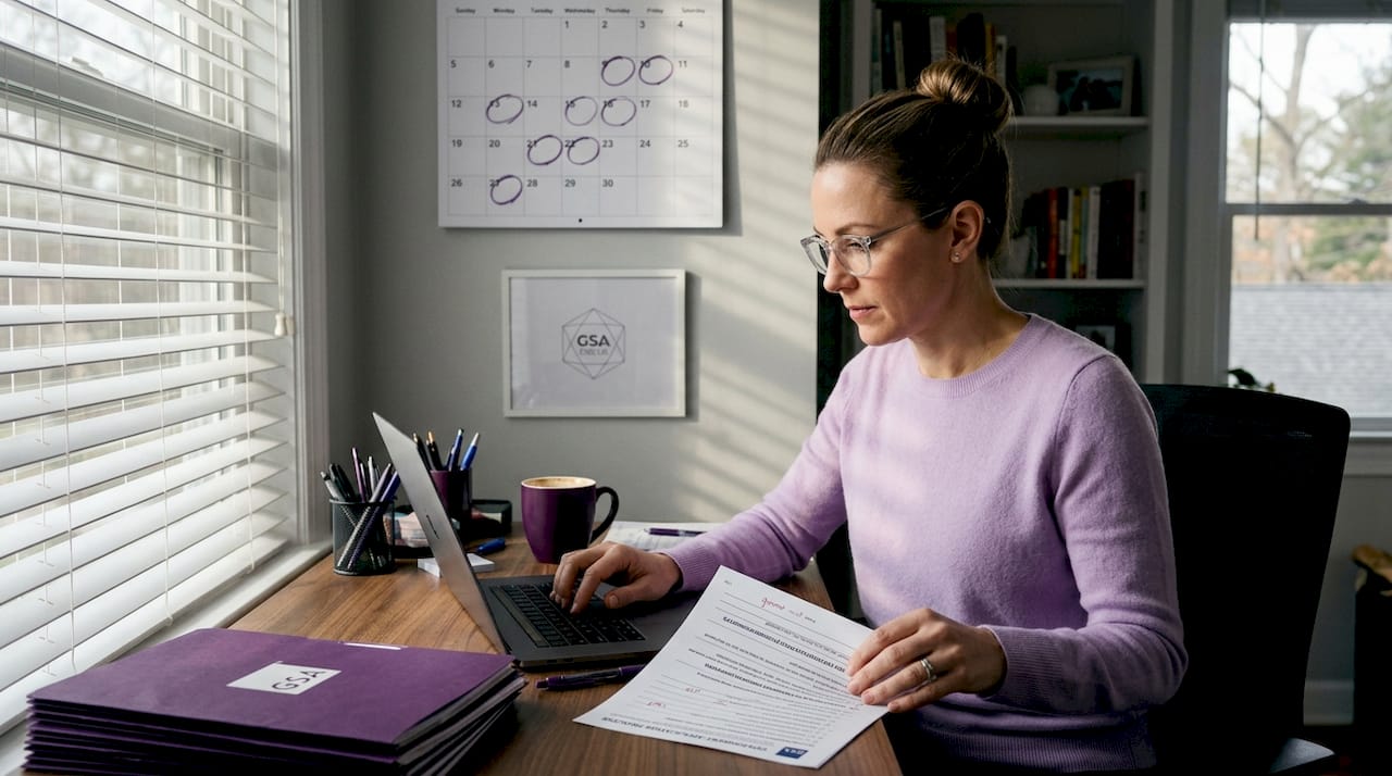 Professional woman completing government contract online