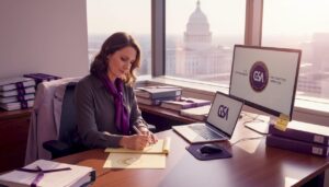 Professional reviewing government sales contracts in city office