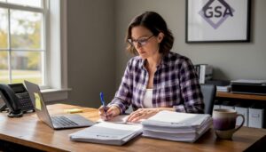 Small business owner reviewing government procurement documents