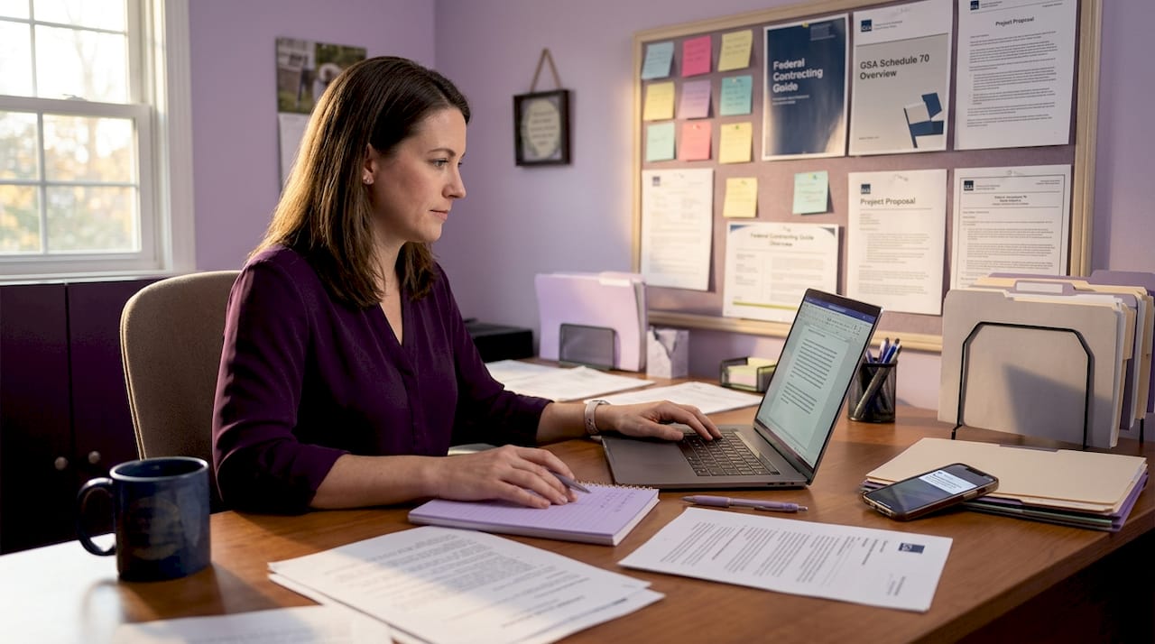 Business owner preparing federal contract documents