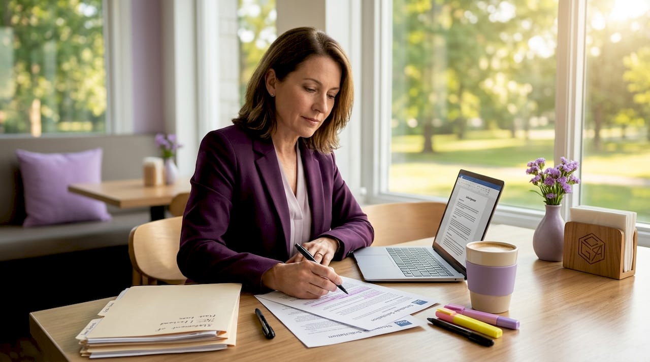 Business owner reviewing federal contract documents