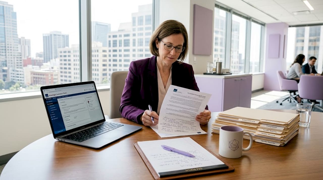 Contracts manager reviewing paperwork in office