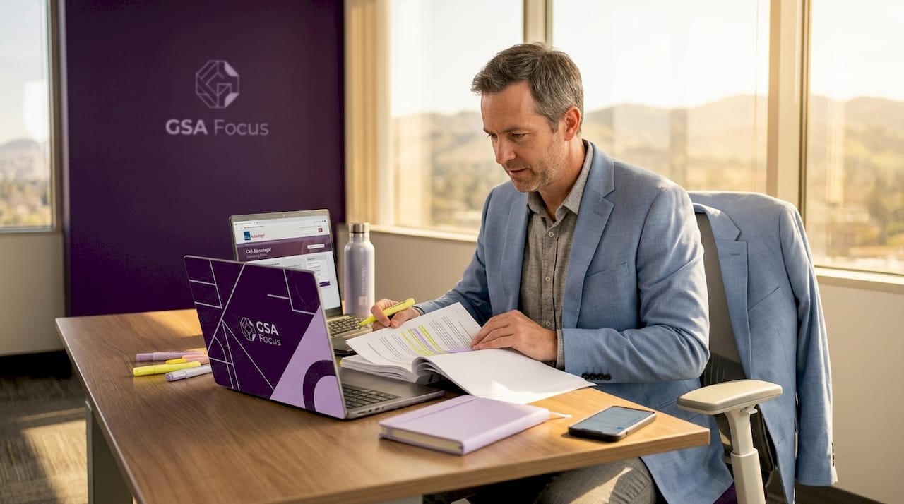Business owner reviewing GSA contract documents