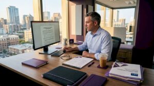 Man reviews contract in bright office workspace