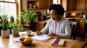 Woman reviewing printed GSA contract data at desk