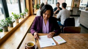 Woman reviewing GSA contract document in office