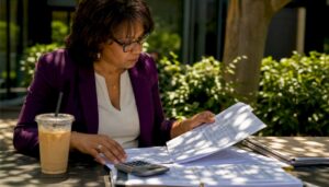 Woman reviewing federal pricing documents at table