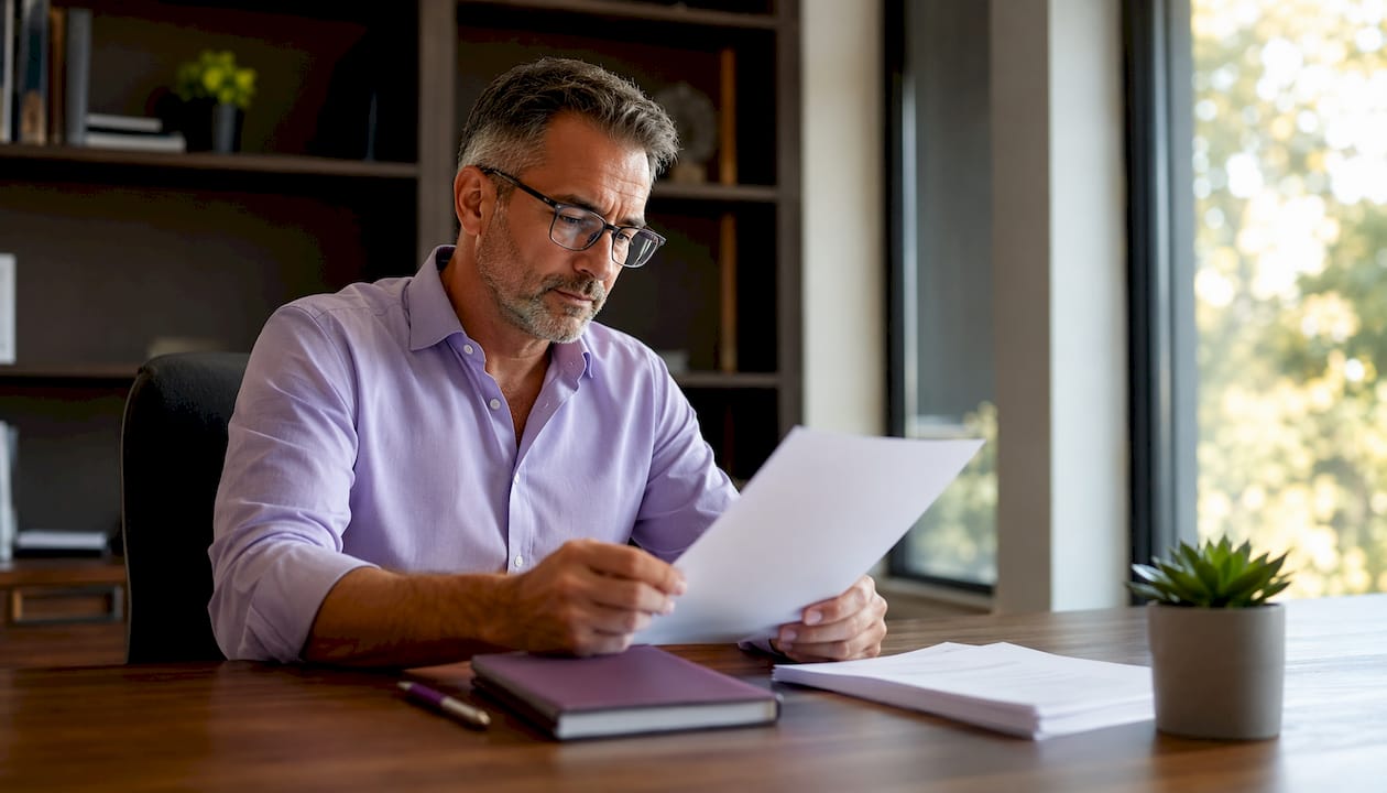 Contracting officer reviewing bridge contract documents