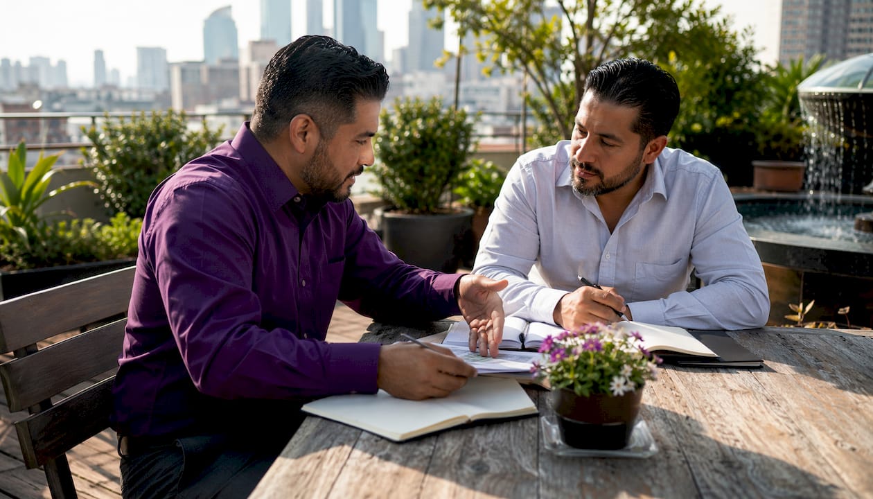 Two men discussing government contracts in office