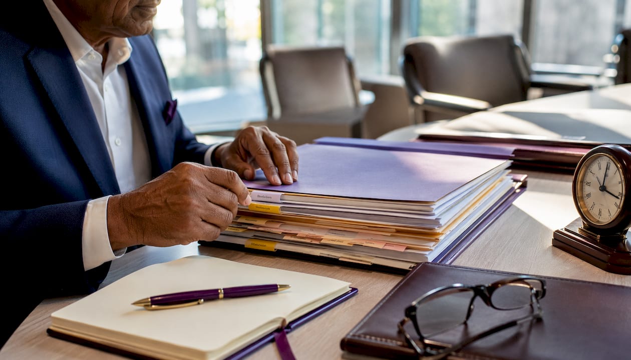 Hands arranging contract folders on office desk