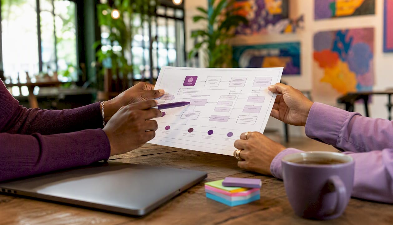 Close-up of hands examining GSA process flowchart