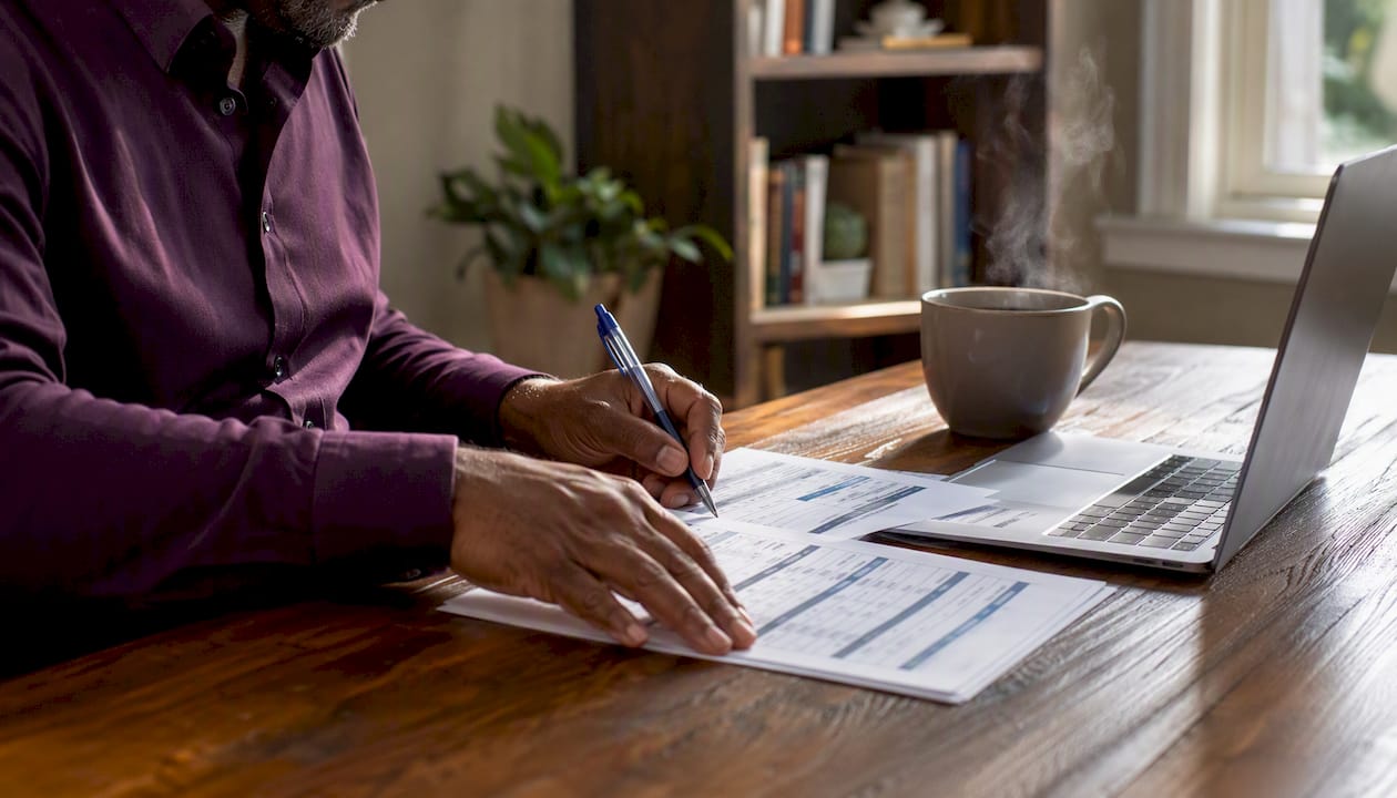 Hands completing quarterly sales report paperwork
