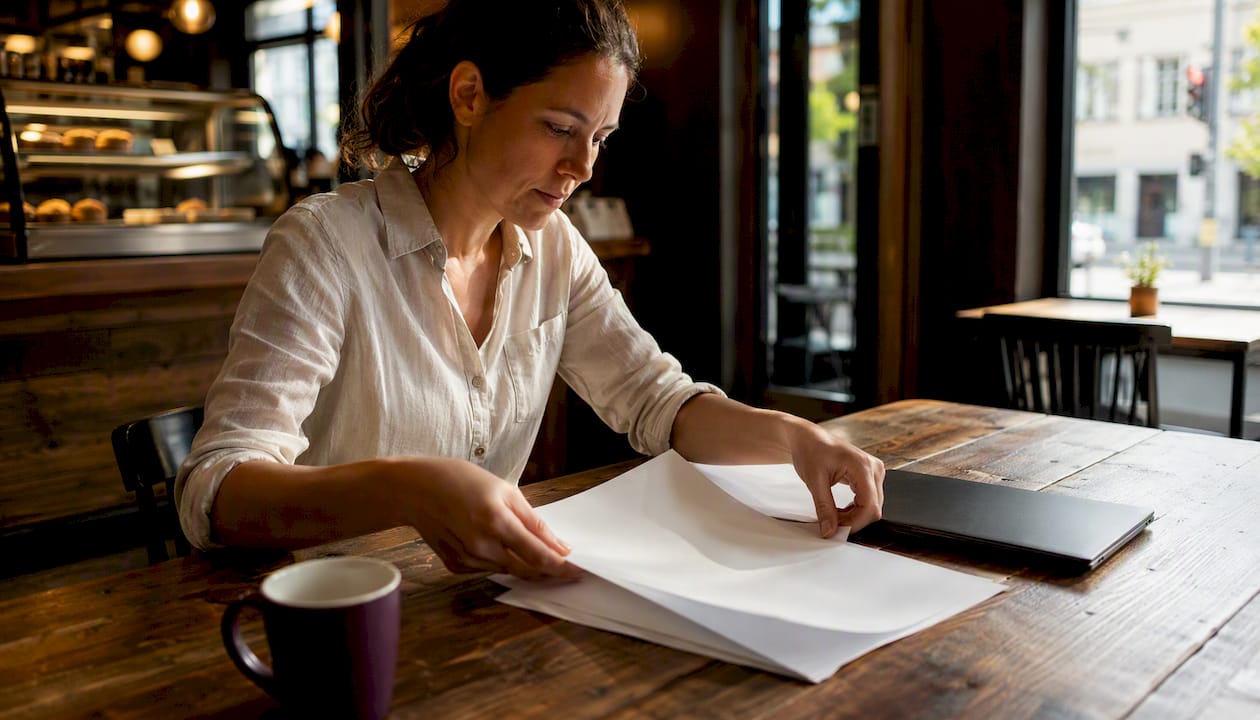 Hands arranging contract documents on table