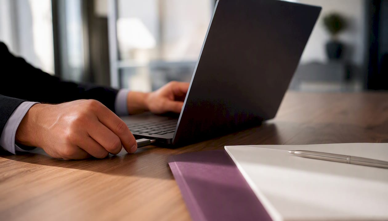 Hands inserting USB into laptop on office desk
