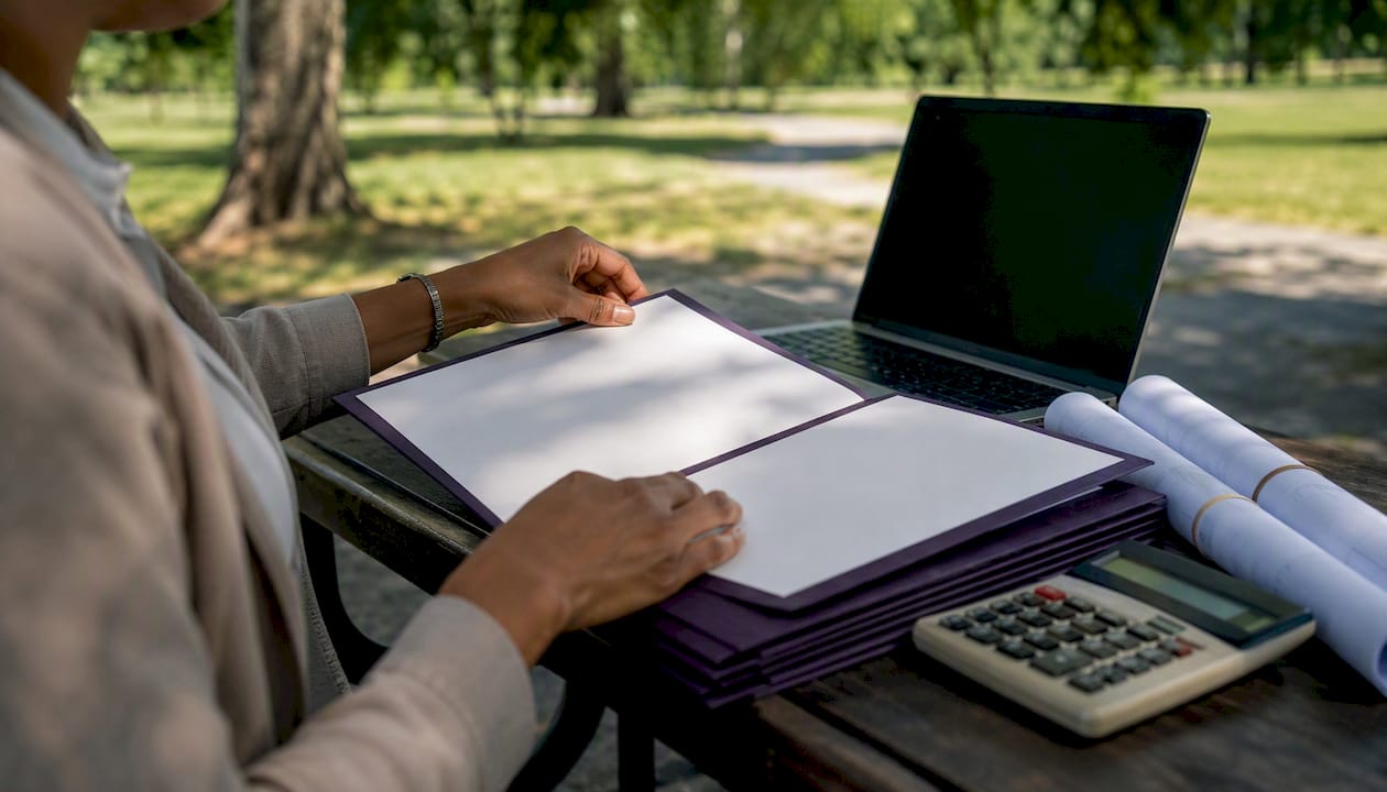 Hands preparing contract folders on desk