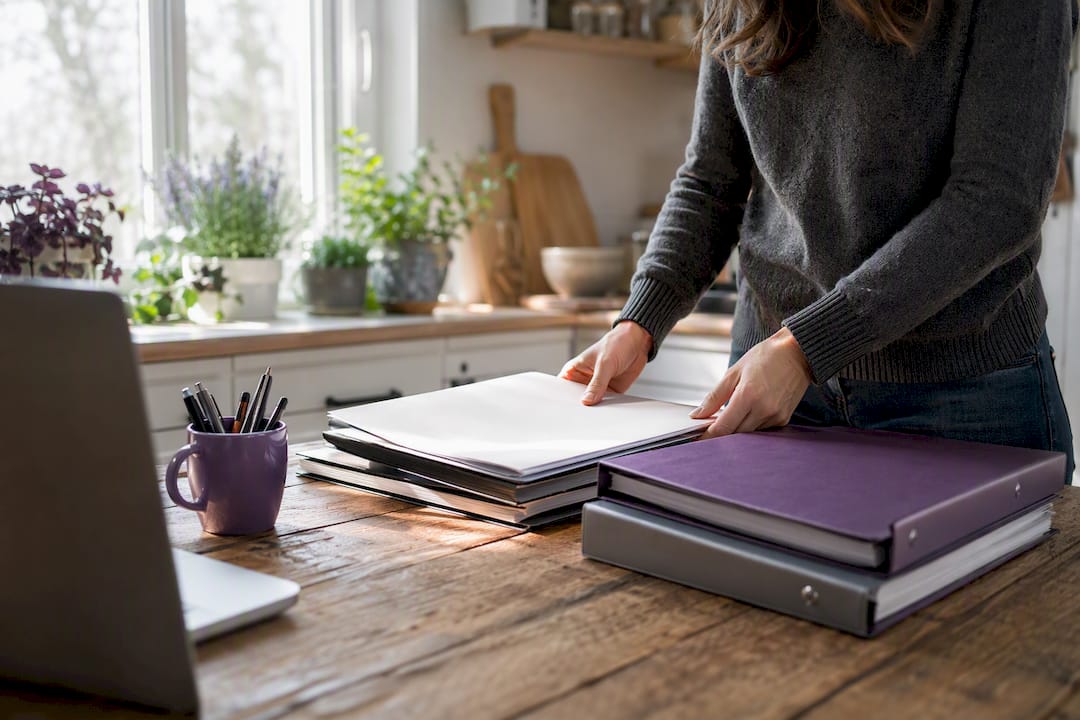 Hands organizing contract folders on desk