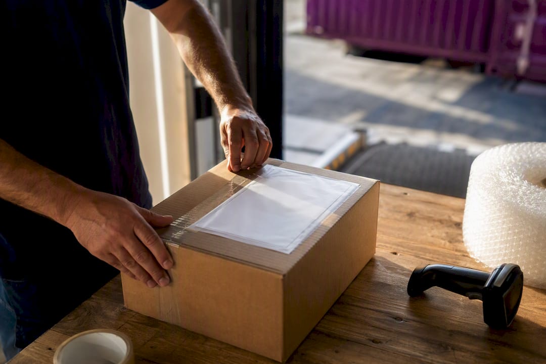 Hands sealing federal contract shipping box