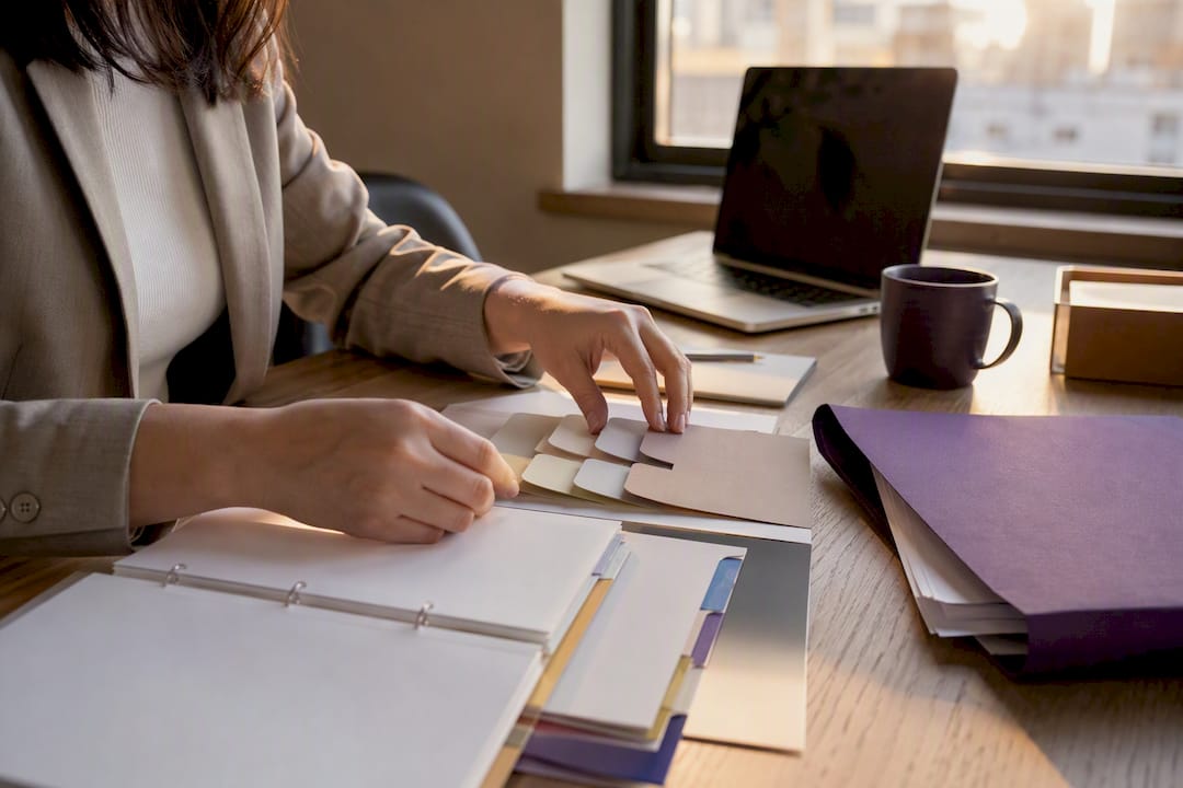 Hands arranging product samples and catalog pages
