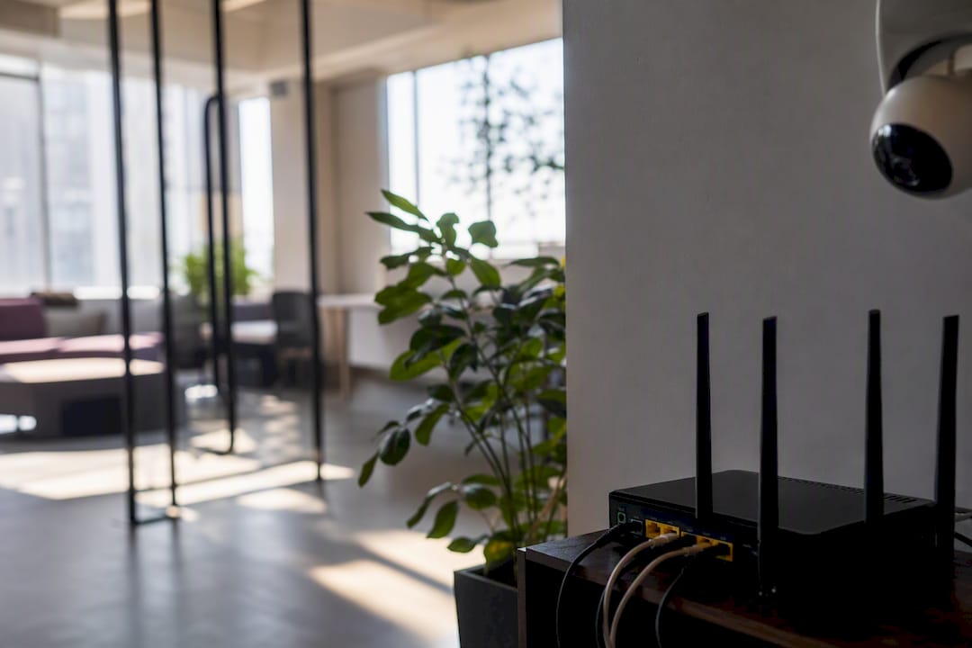 Wireless router and security camera equipment close-up
