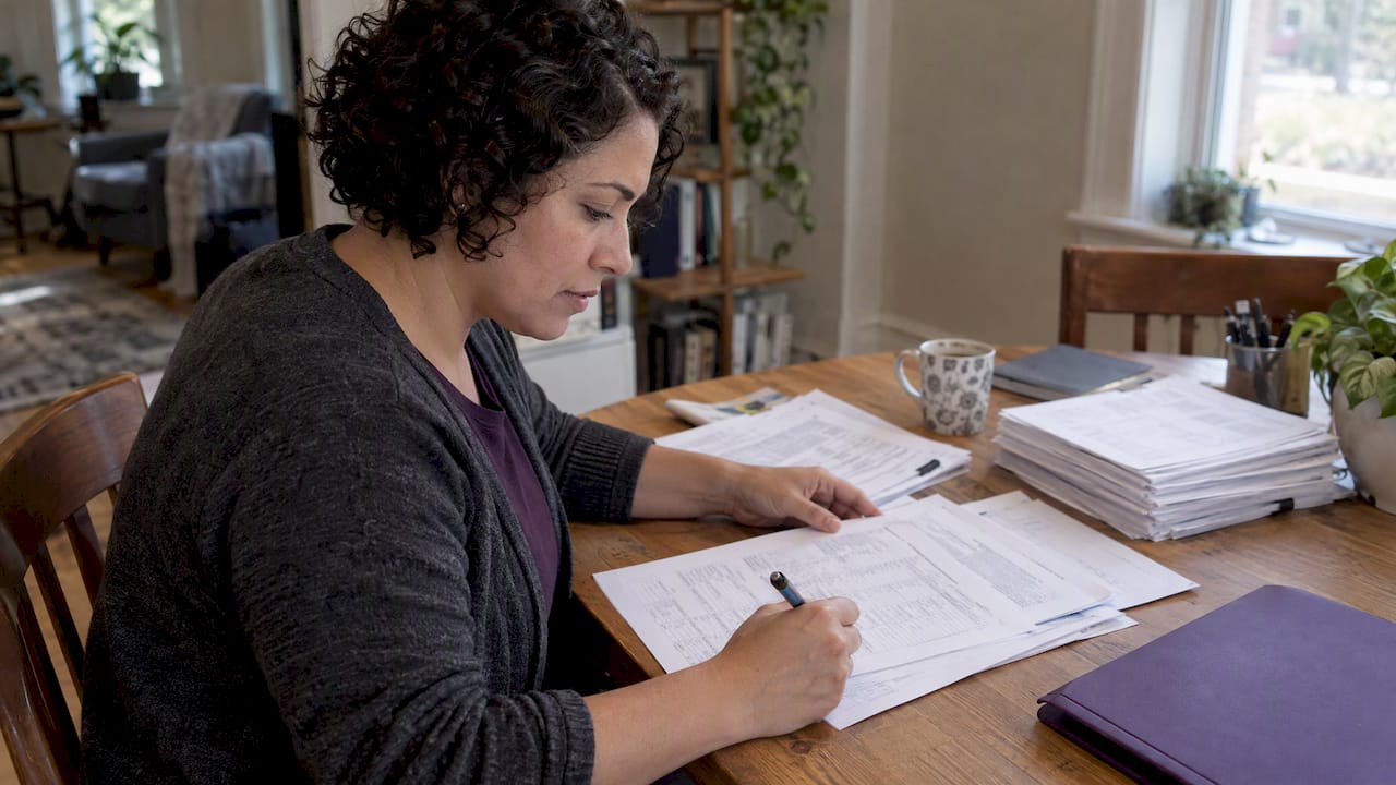Small-business owner comparing agency purchase records