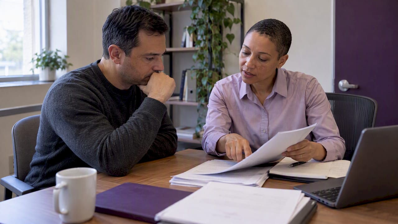 Owner and consultant reviewing an evaluation notice