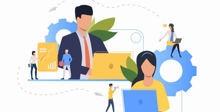 Communication flat icon. Department leaders, laptop, presentation, gear. Teamwork concept. Can be used for topics like leadership, unit, business, analysis